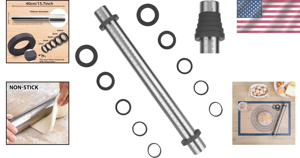 Adjustable Stainless Steel Rolling Pin with Thickness Rings for Perfect Baking - Image 2 of 4