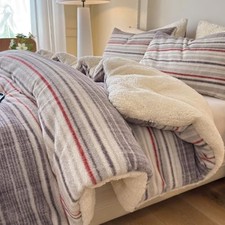 Striped Sherpa Comforter Set 3Pcs Fluffy Warm Fleece Down King 104"x90" Grey