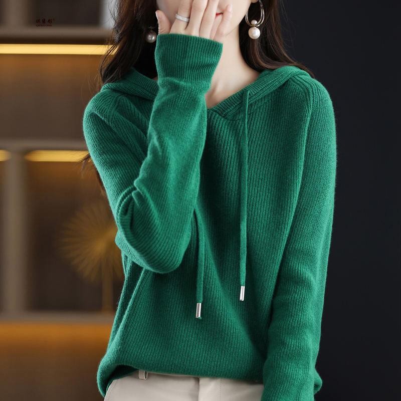Chic Women's Loose Hooded Cropped Casual Sweatshirt Knitted Casual Sweater Tops