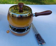 Vintage Fondue Pot Set Manor House Two Tone Brown Enameled MCM Harvest Gold NOS