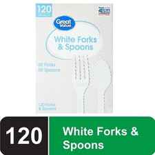 Disposable Plastic White Forks and Spoons, 120 Count includes 60F/60S