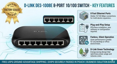 NEW D-Link DES-1008E 8-Port 10/100 Desktop Switch Unmanaged Sealed Ethernet