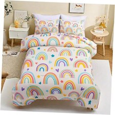 3 Piece Kids Rainbow Comforter Set with 2 Pillow Covers, Cartoon Queen Beige