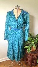 1980  s Vibrant Blue  Green Leafy Shirt  Skirt Set Boho