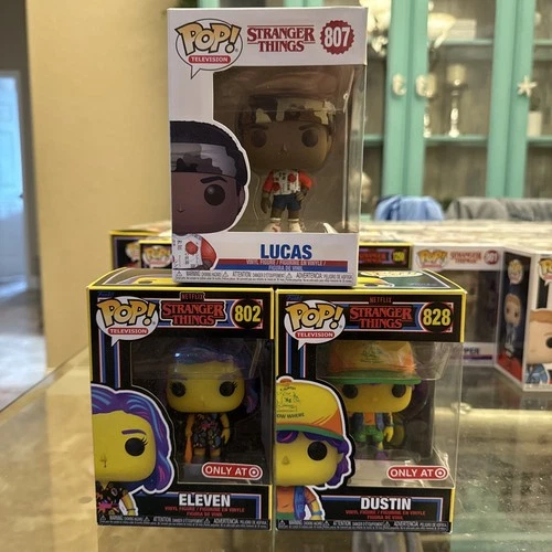 Funko Pop Stranger Things Lucas 807, Eleven 802, Dustin 828 Blacklight Lot of 3