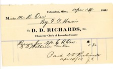 1910 Columbus, Mississippi Chancery Clerk Receipt DD Richards to Miss M.H. Orr