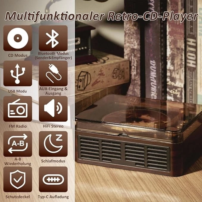 Bluetooth CD Player Tragbar mit Lautsprecher Retro CD-Player mit FM Radio - Bild 2 von 4