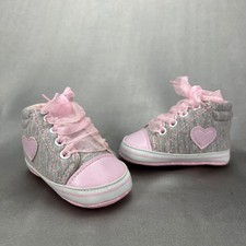 Infant Baby Girl Crib Shoes Gray Pink Polka Dot Heart Ribbon Lace High Top 3-6M