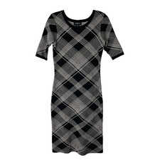 Liz Claiborne black cream plaid knit preppy office midi sweater dress medium