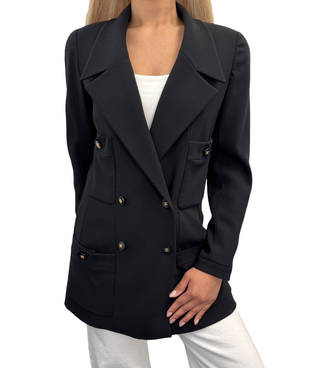 CHANEL Vintage 97C CC Logo Button Blazer Jacket #36 Black Gold