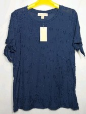 Top Michael Michael Kors para mujer M azul marino texturizado floral manga corbata elástica