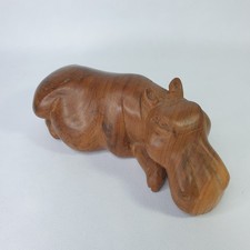 Vintage African Hippo Sculpture Hand Carved Wooden Sleeping Hippopotamus Animal