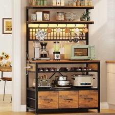 Bakers Rack with Power Outlet &Storage, 35.4" Coffee Bar Cabinet with LED Lights