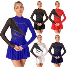 Women's Shiny Rhinestone Mesh Patchwork Long Sleeve Figure Skating Dress Costume