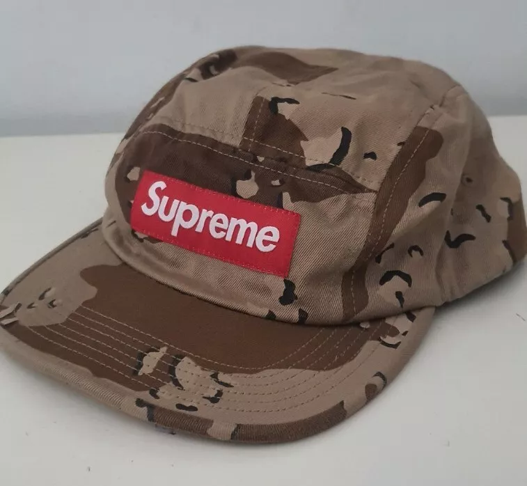 FW17 Supreme Washed Chino Twill Camp Cap Desert Camo Hat Leather Strap Box Logo