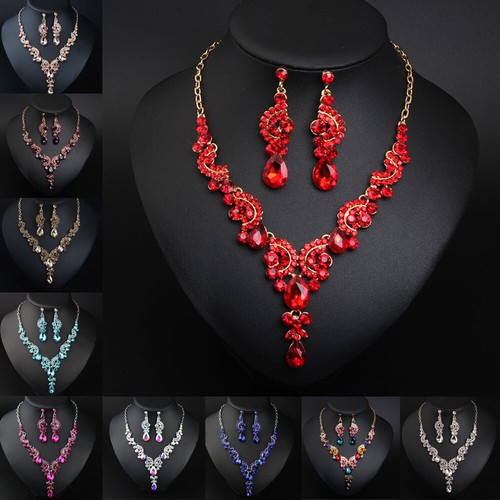 Rhinestone Necklace Crystal Earring Women Bridal Party Prom Wedding Jewelry Set - Picture 3 of 121