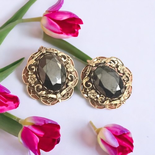 ORECCHINI VINTAGE CLIP VITTORIANA TONO ORO FILIGRANA VETRO EMATITE - Foto 5 di 14