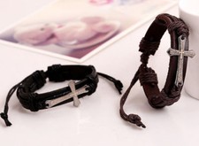 Black Leather Lords Prayer Bracelet in Spanish. Cuff Style with  