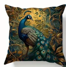 Vintage Oil Painting Peacock Peach Skin Plush Pillow Cover, 18x18", High Quality
