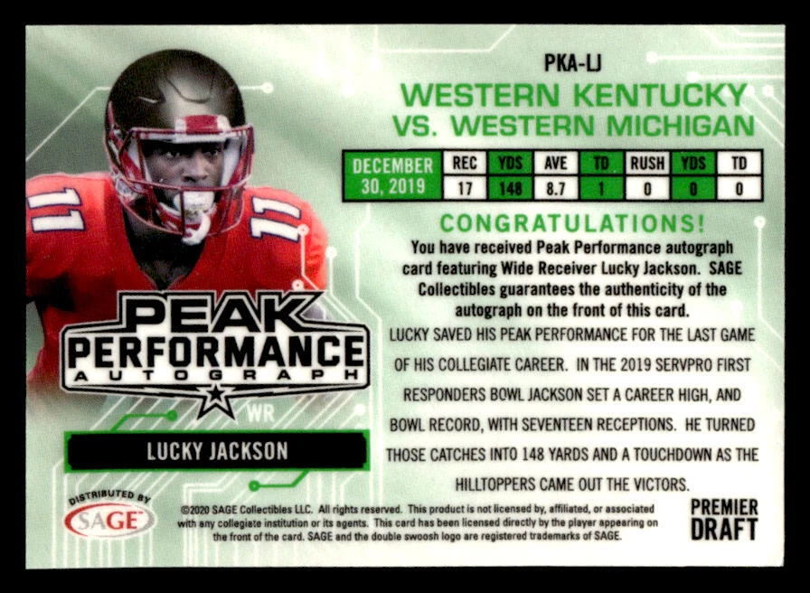 2020 Sage Hit Peak Performance Auto Silver Lucky Jackson #PKA-LJ #/50 - Image 2 of 2