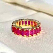 Full Eternity Band Ring 14k Yellow Gold Plated 3Ct Emerald Cut Lab-Created Ruby