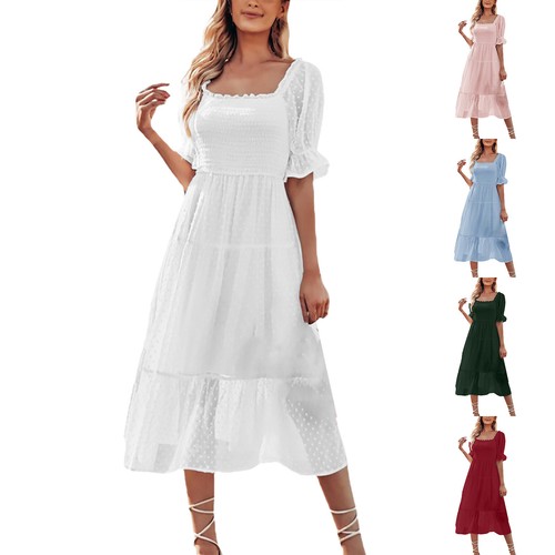 Women Summer Square Neck Puff Sleeve Boho Midi Dress Swiss Dot Ruffle Flowy Dres