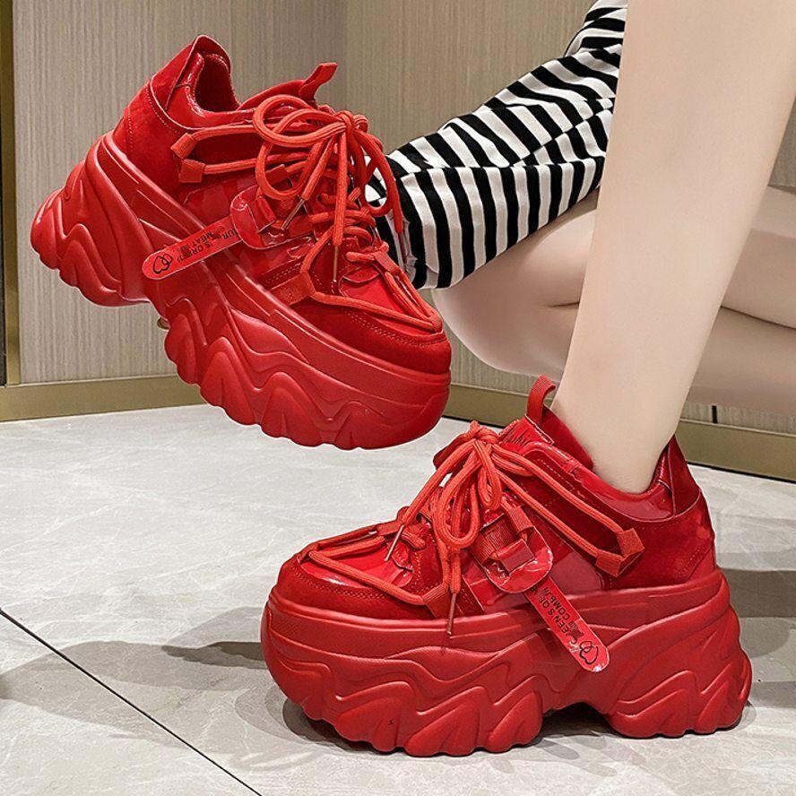 Women Fashion Sneaker High Heel Platform Creepers Comfort Lace Up
