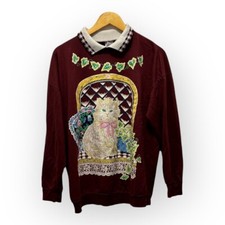 Vintage Cat Graphic Burgundy Long Sleeve Collared Sweatshirt Medium