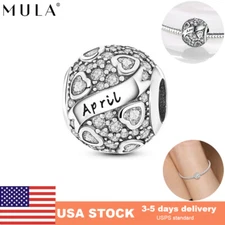 MULA European Birthstone April DIY Charm CZ For Women Bracelet 925 Silver Plated