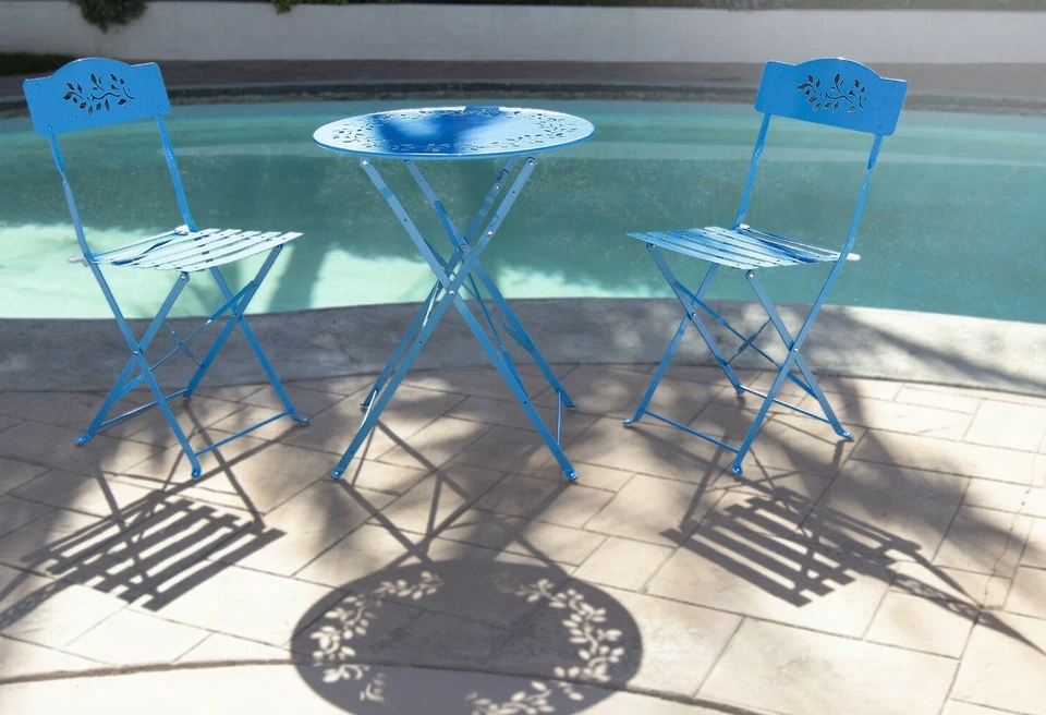 Conjunto de muebles metálicos para patio bistró plegable con respaldo floral azul de 3 piezas Foto 2 de 4