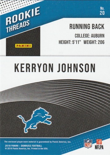 2018 Donruss Rookie Threads #20 Kerryon Johnson Jersey Madison Mustangs - Picture 2 of 4
