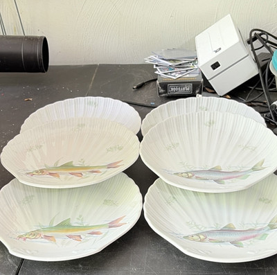 Porcelaine de Sologne Porcelain Plates Set of 6 Fish Pattern Glossy French Made