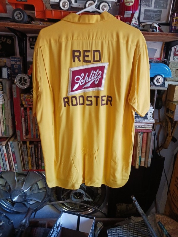 VINTAGE SCHLITZ CAPTAIN DON RED ROOSTER FLAP POCKET BOWLING SHIRT 