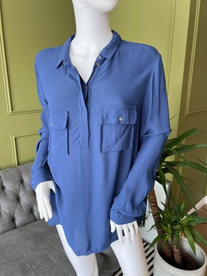 Massimo Dutti Shirt Blouse  Blue Ladies Pocket Detail Front UK 12 EUR 40