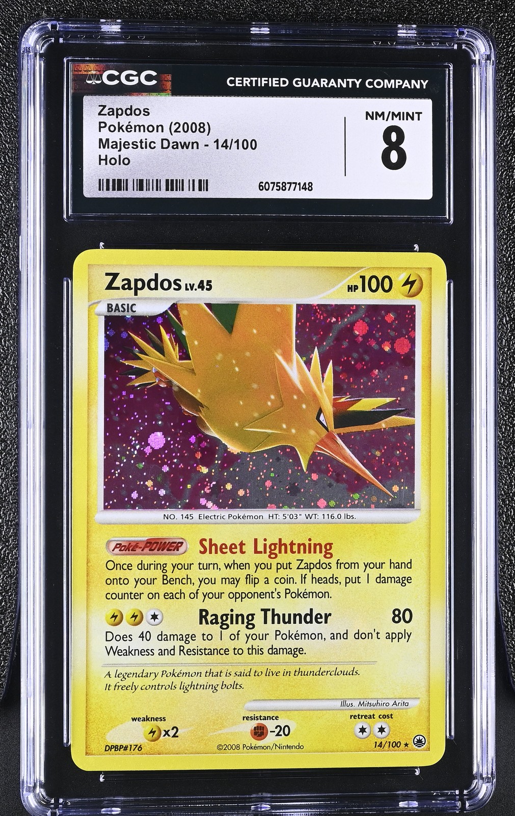 CGC 8 Zapdos 2008 Majestic Dawn 14/100 Holo Pokemon Card