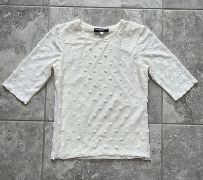 Vivian Shyu VTG 3/4 Sleeve Mesh Top Distressed Appliqué Pullover Ivory 6 Small