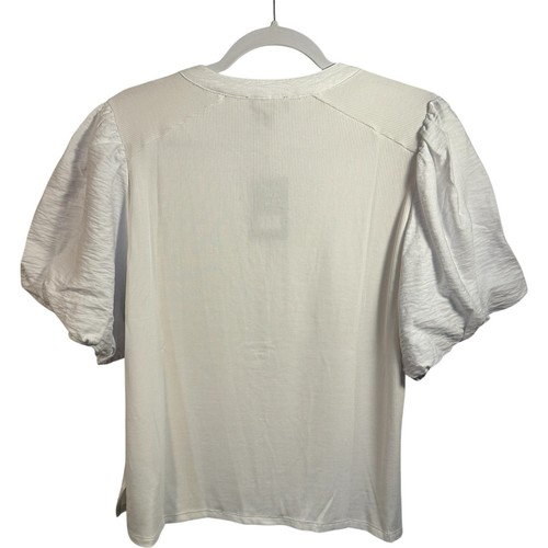 DKNY Ribbed White Henley Shirt Short Puff Sleeve Womens XL Feminine Cottage NEW - Picture 5 of 11