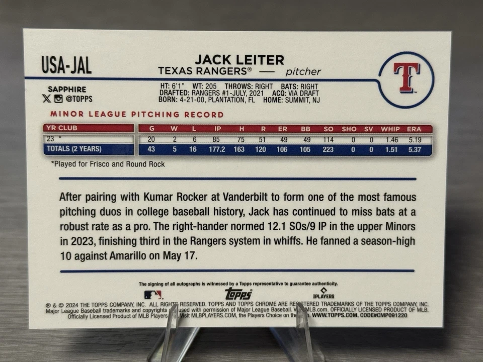 🔥⚾️JACK LEITER 2024 Topps Chrome Update Orange Sapphire Auto RC/25 #RANGERS⚾️🔥 - Image 4 of 4