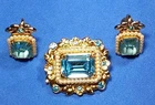 Vtg CORO Brooch w/Earrings Blue Rhinestone Faux Pearls Gold Tone Costume Jewelry