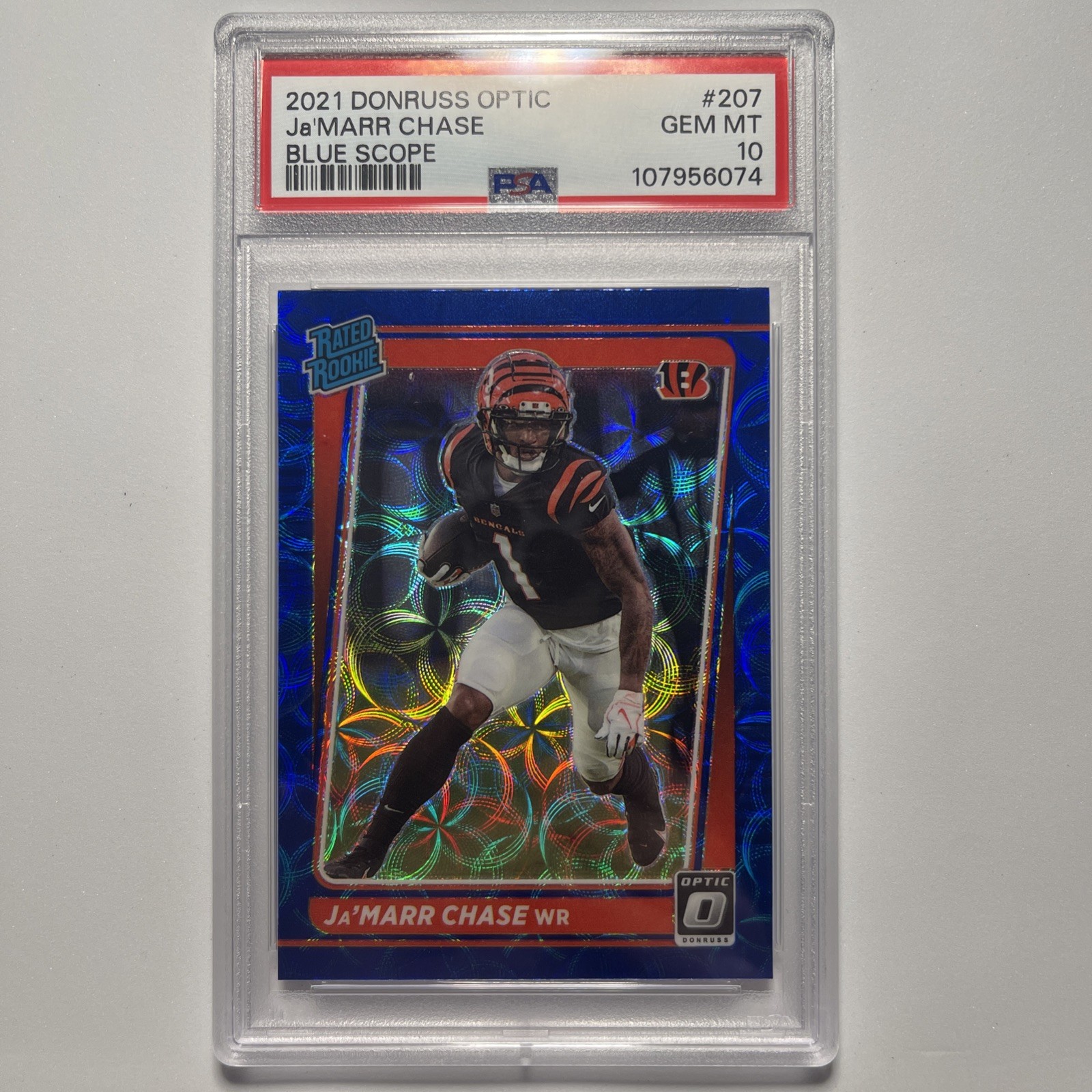 2021 Donruss Optic - Rated Rookie Ja'Marr Chase #207 Blue Scope Prizm PSA 10