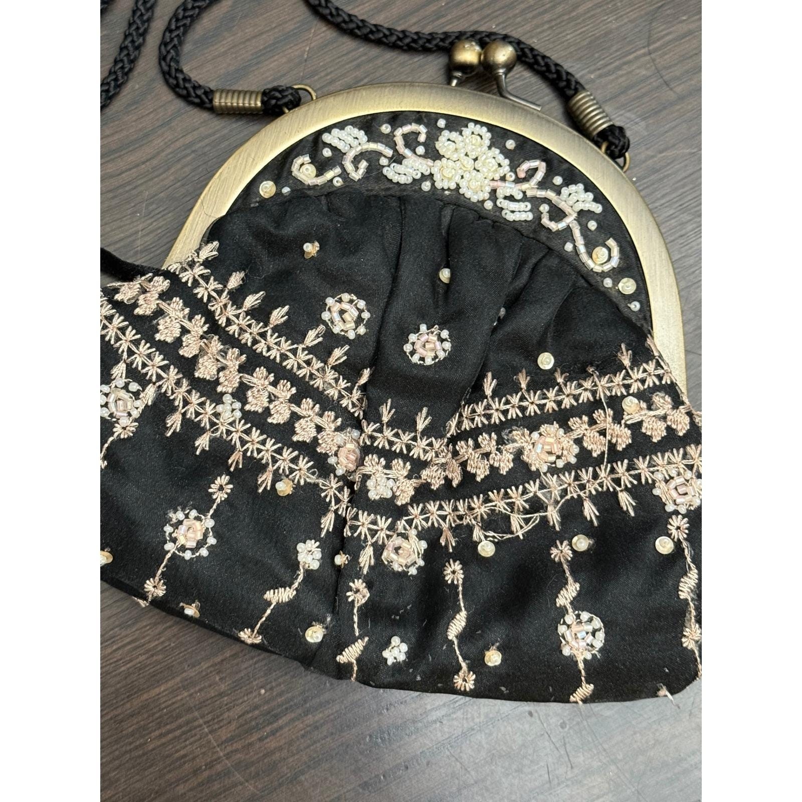 Valerie Stevens Black Beaded Embroidered Evening Bag Kiss Lock Crossbody Mirror
