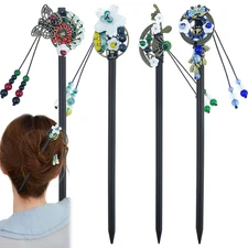 4 Pcs Japanese Chinese Hair Stick Retro Wooden Hairpin Butterfly Flower Hair Cho