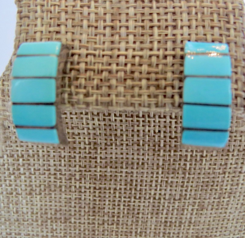 Signed G K  Sterling Silver Inlay TURQUOISE Stud EARRINGS 3/4" Long & 1/4" Wide