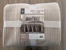 NEW Brooklyn Loom 3 Pcs Velvet Coverlet Set With Shams Queen Beige Taupe