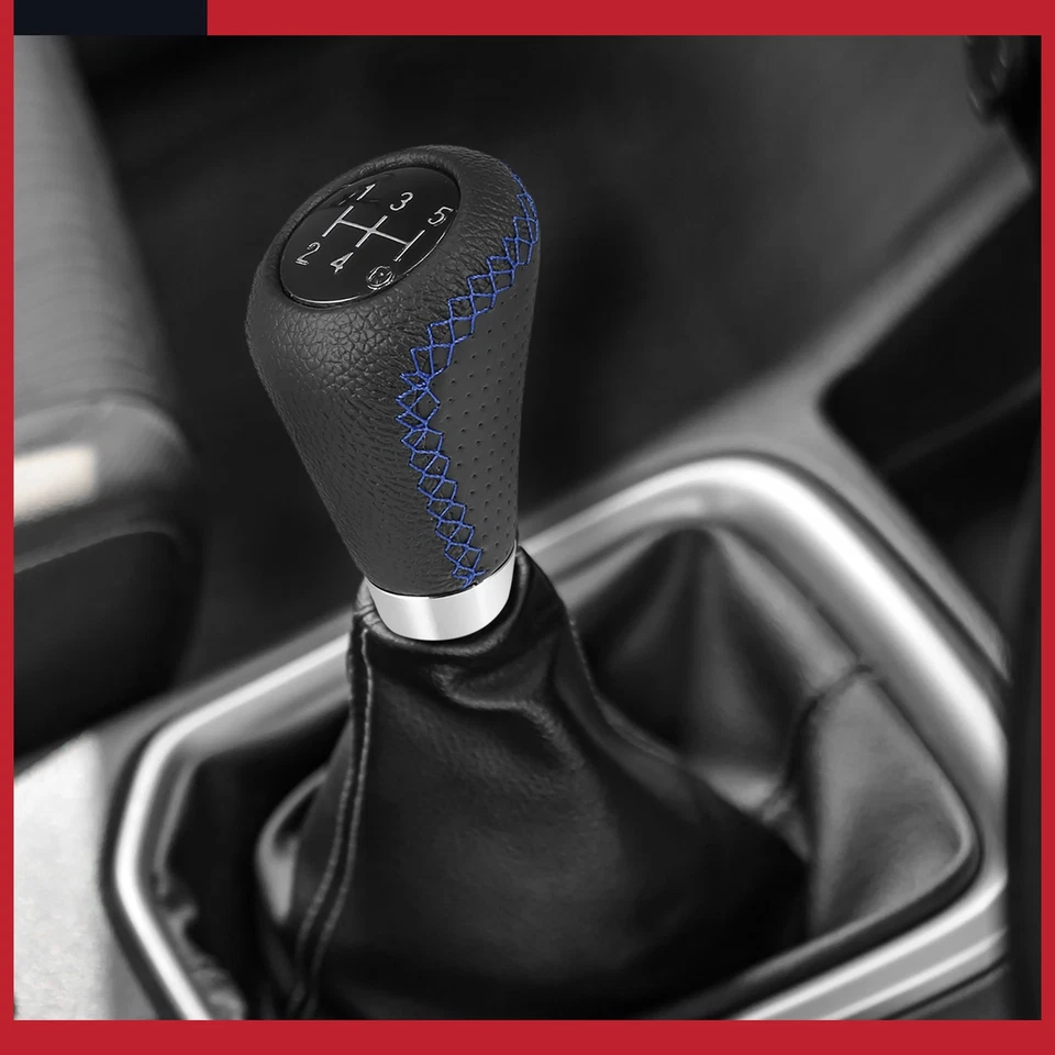 Perilla de cambio de marcha universal para automóvil cuero PU con agujero puntadas azules paquete de 1 Foto 2 de 4