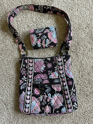 Vera Bradley Shoulder Strap cloth Purse Bag+Wallet Black+Floral Lavender 11X11