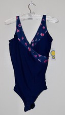 NWT Halcurt Womens Navy Blue Floral Accent V-Neck Low Back 1-Piece Swimsuit sz M
