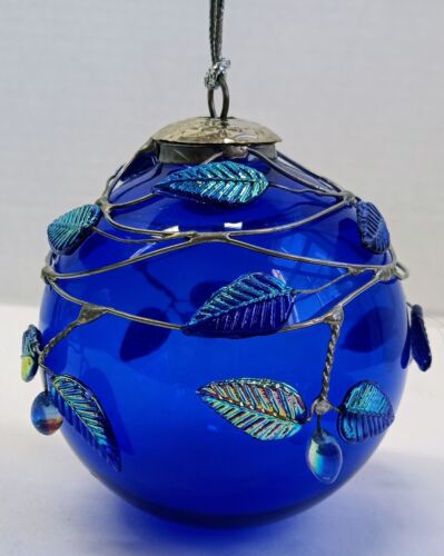 Grande sfera vintage Midwest vetro blu ornamento foglie vetro fiori finestra sfera - Foto 4 di 11