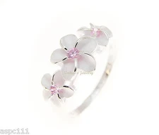 925 STERLING SILVER 3 HAWAIIAN PLUMERIA FLOWER RING PINK CZ