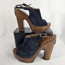 READ Chanel Blue Suede Wooden Slingback Platform Pump Heels Womens Size 6.5-7.5